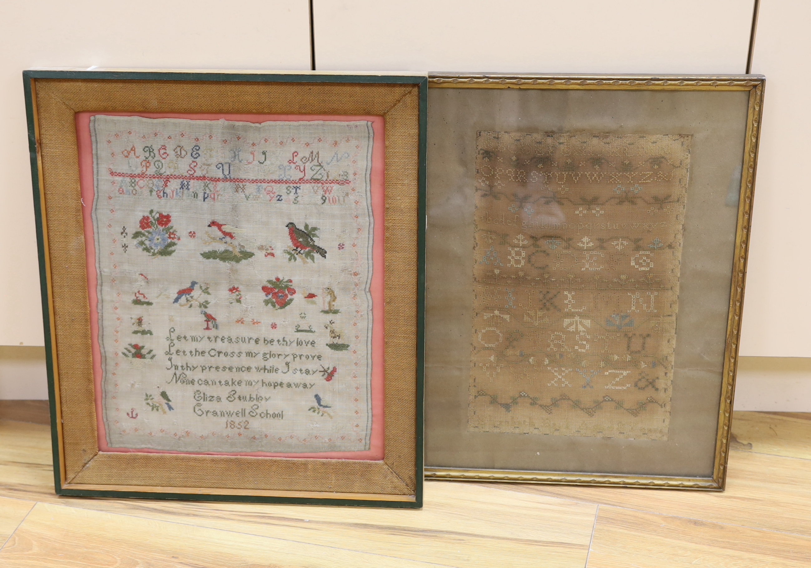 Two framed 19th century samplers, including Eliza Stubley, Cranwell School 1852
